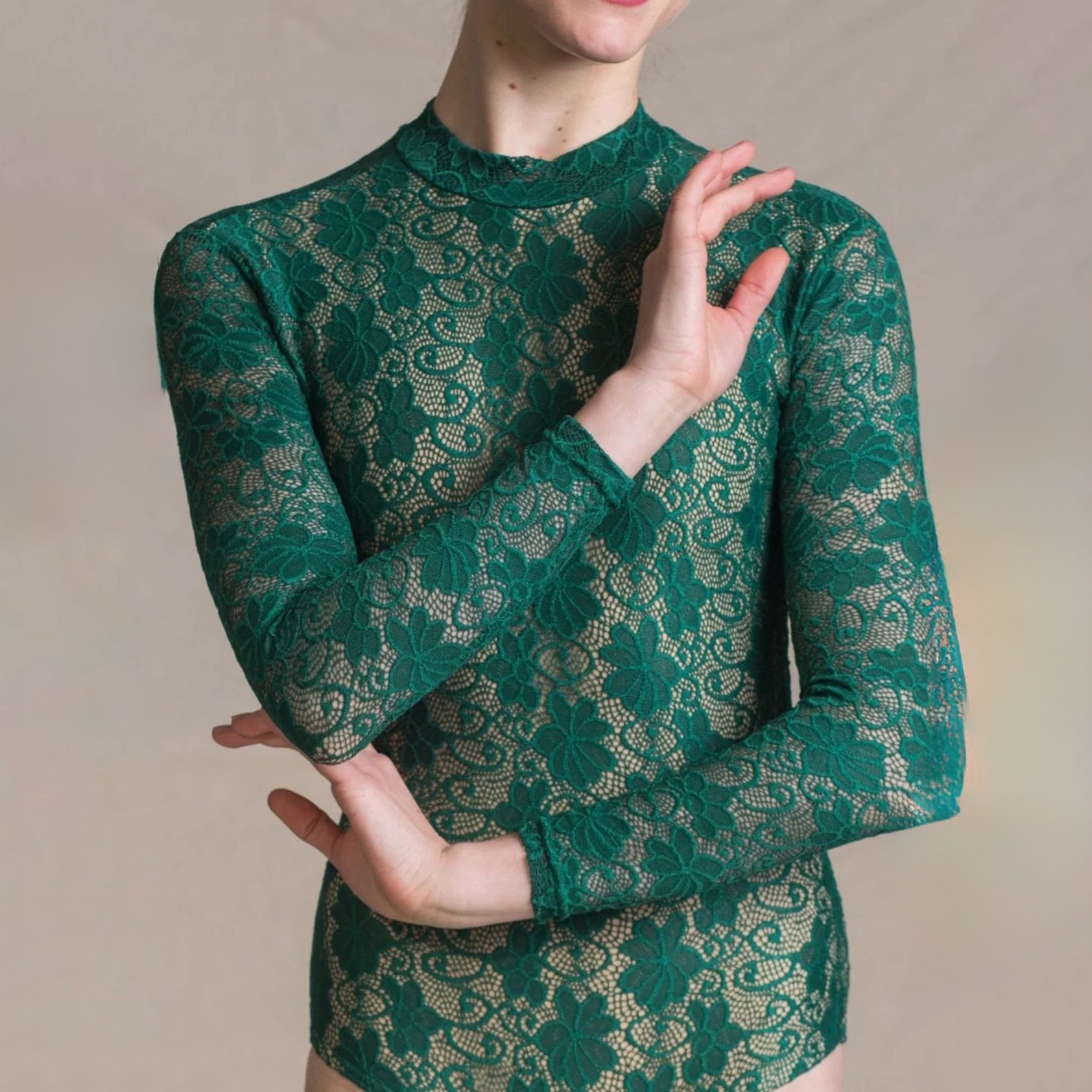 Women Green Lace Ballet Onesies(1404/Emerald)