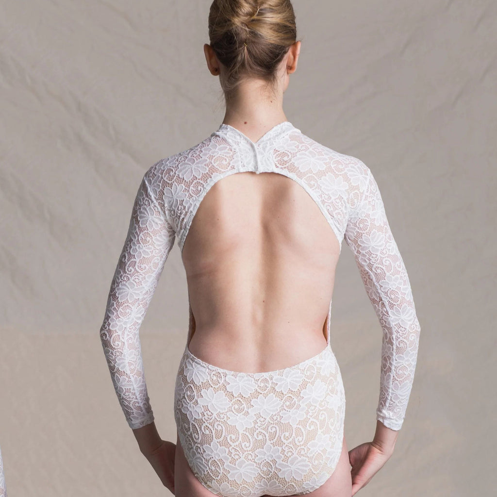Women White Lace Long Sleeves Ballet Onesies(1404/White)