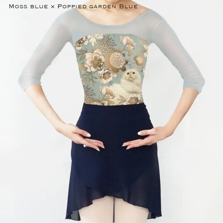 Women Moss Blue"Poppied garden Blue"Ballet Onesies(166054391/Demi plie sleeve7/Moss blue)