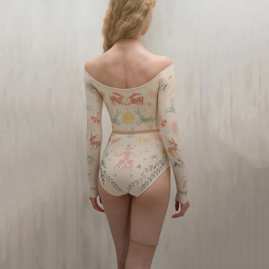 Women White Printed "SOLARIS" Long Sleeves Ballet Onesies(181LE20VL/edelweiss)