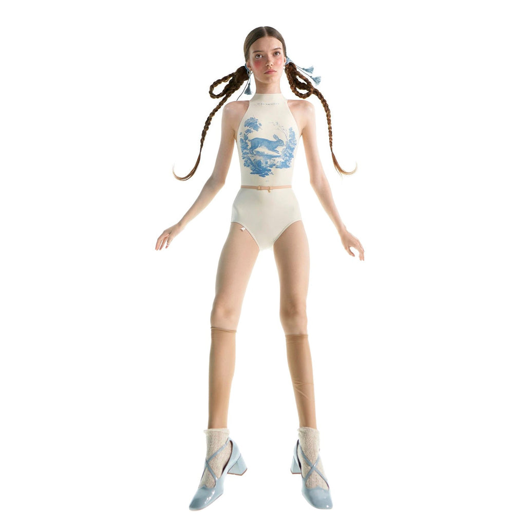 Women White Printed'ALPINE FAUNA'Choker Ballet Onesies(201LE20VL/cuniculus)