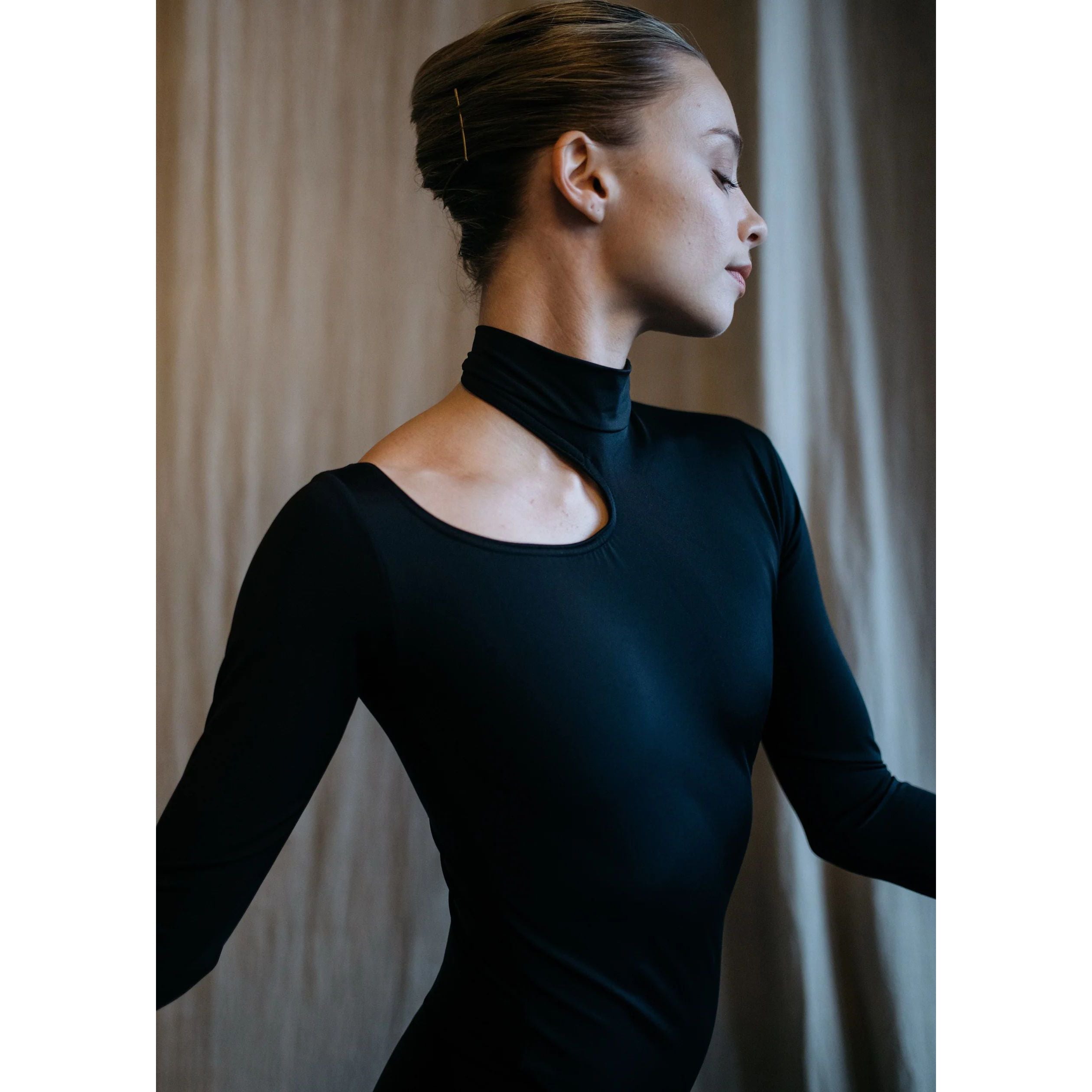 Women Black Long Sleeves Ballet Onesies(2235/Black)