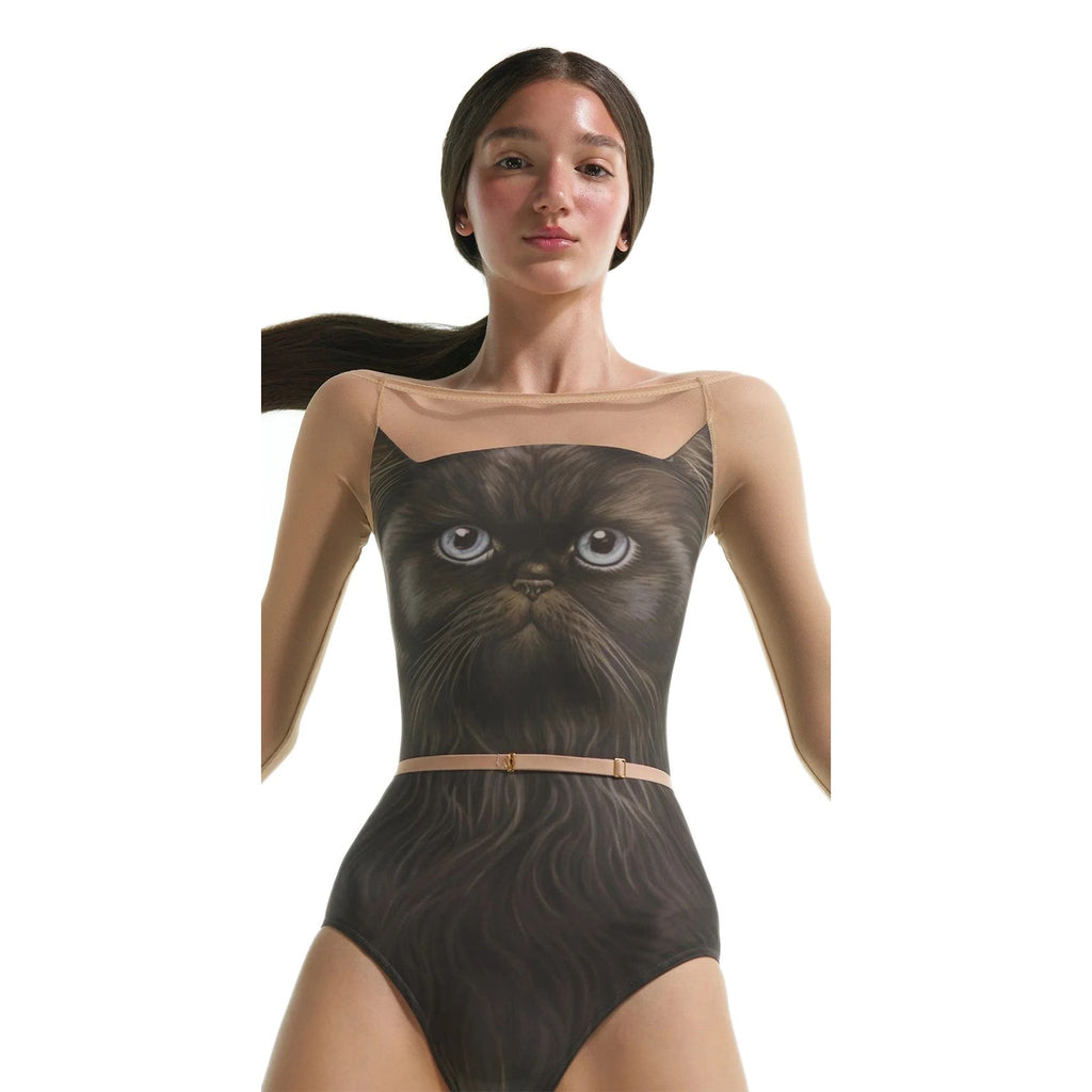 Women Black'CATavatar'Long Sleeves Ballet Onesies(231LE22VL/murk-AI)