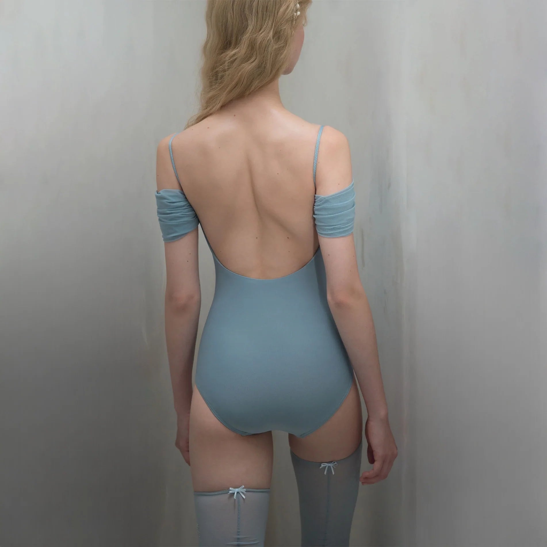 Women Misty Blue "RUCHED BUTTERFLY" Off-shoulder Ballet Onesies(261LE77VD/misty blue)
