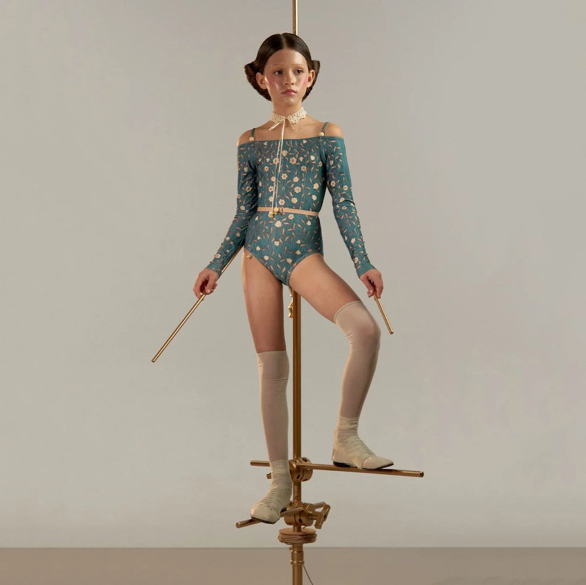 Women Blue"ROSEWOOD INTARSIA"Long Sleeves Ballet Onesies(251LE23VL/petrol)