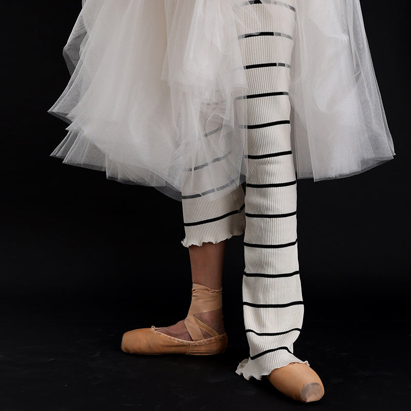 Women White Stripes Ballet Leg Warmers(Stripe semi-flared leg warmers/CREAM)