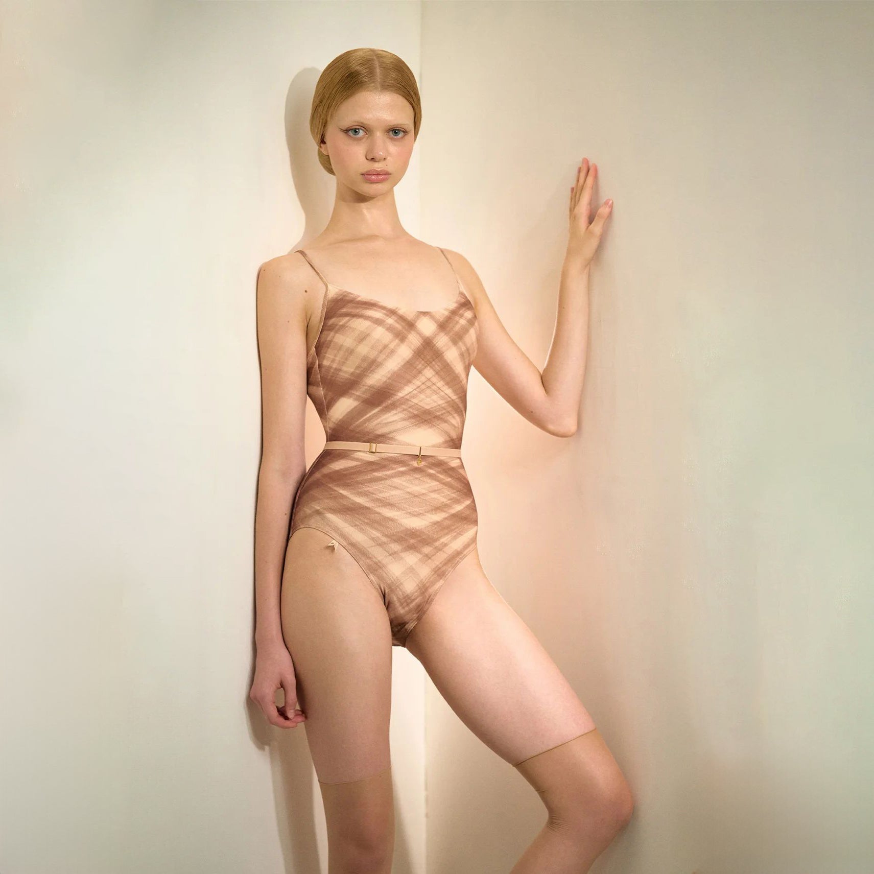 Women Mocha Check "TULLE PLIÉ" Ballet Onesies(253LE03VL/mocha)