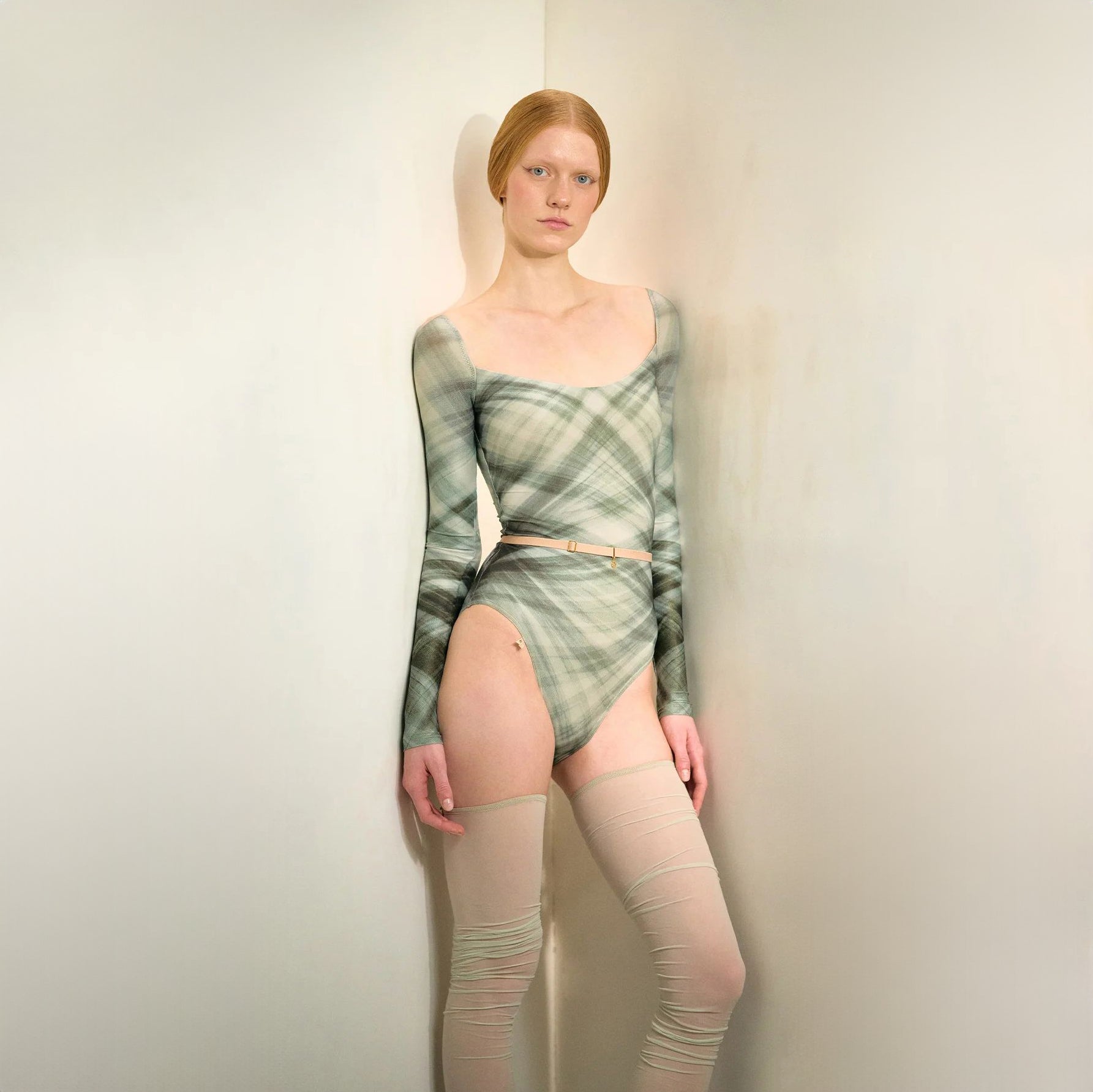 Women Green Check "TULLE PLIÉ" Long Sleeves Ballet Onesies(253LE23VL/evergreen)