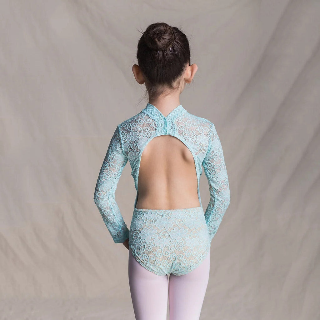 Girls Light Blue Lace Long Sleeves Ballet Onesies(1404/Blue)