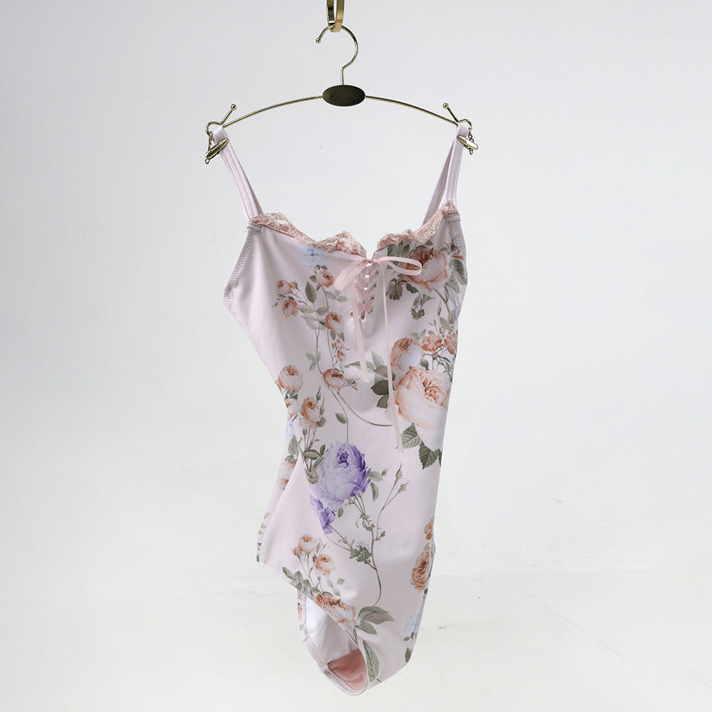 Women Misty Pink Floral Ballet Onesies(charlotte lace-up leotard FLORAL/MISTY PINK)